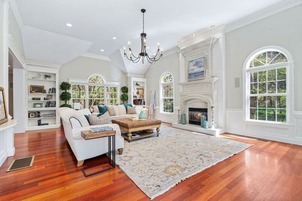 Chandelier, Fireplace, Interior, Living room, Recessed Lighting, Wood Texture Flooring