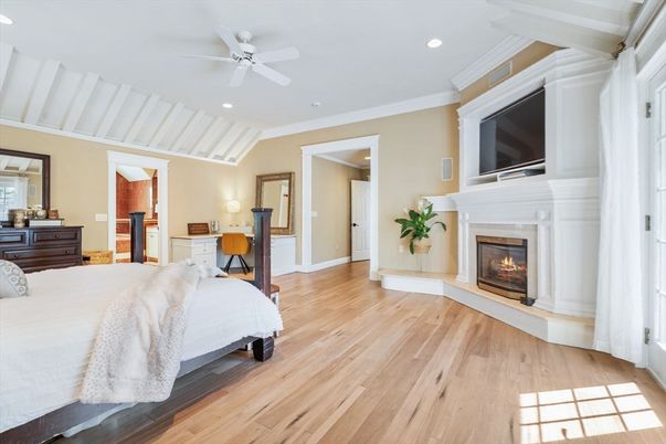 Bedroom, Fireplace, Interior, Recessed Lighting, Wood Texture Flooring