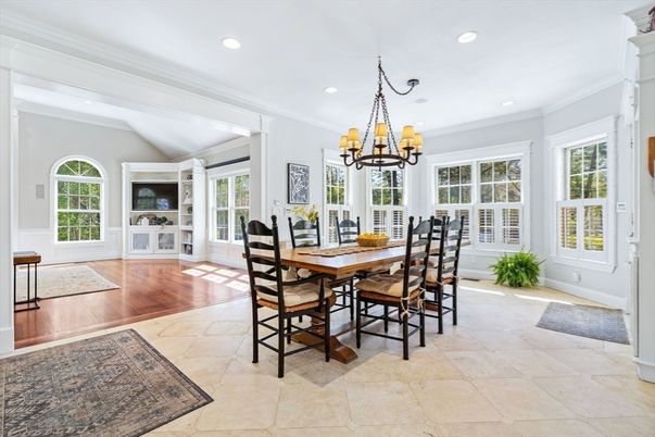 Chandelier, Dining room, Interior, Recessed Lighting, Wood Texture Flooring