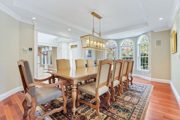 Dining room, Interior, Pendant Lights, Recessed Lighting, Wood Texture Flooring