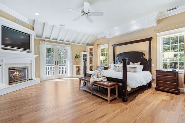 Bedroom, Fireplace, Interior, Recessed Lighting, Wood Texture Flooring