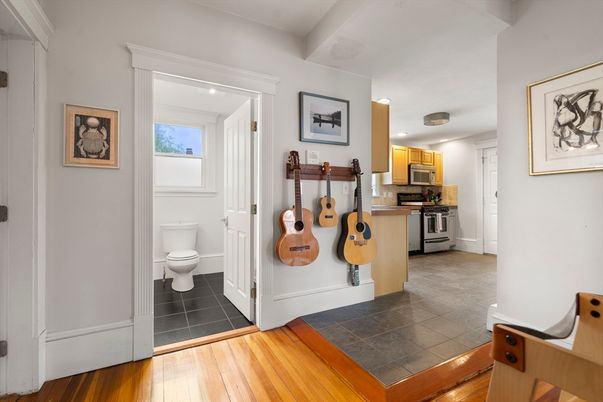 Interior, Kitchen, Recessed Lighting, Stainless Steel Appliances, Tile Countertops, Wood Texture Flooring