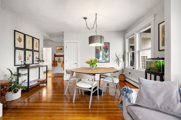 Dining room, Interior, Pendant Lights, Wood Texture Flooring