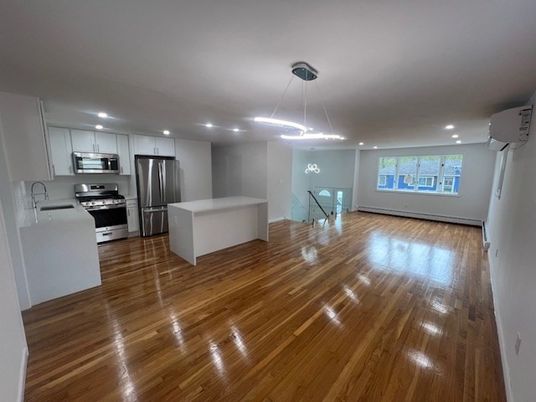 Interior, Kitchen, Pendant Lights, Recessed Lighting, Stainless Steel Appliances, Wood Texture Flooring