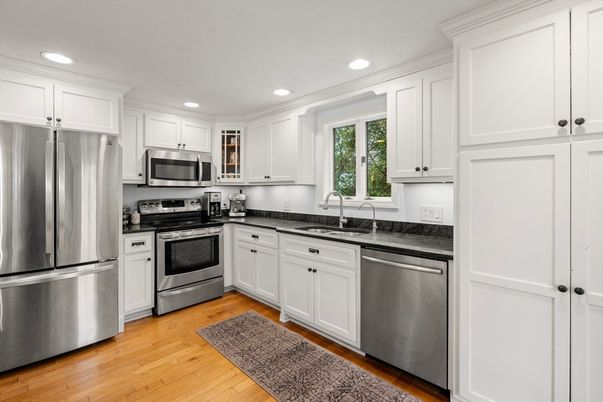 Interior, Kitchen, Recessed Lighting, Stainless Steel Appliances, Wood Texture Flooring