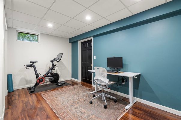 Fitness Equipment, Home Office, Interior, Recessed Lighting, Wood Texture Flooring