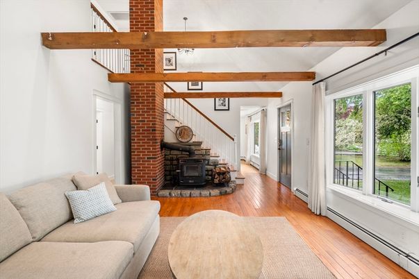 Fireplace, Interior, Living room, Stone Walls, Wooden Beams, Wood Texture Flooring