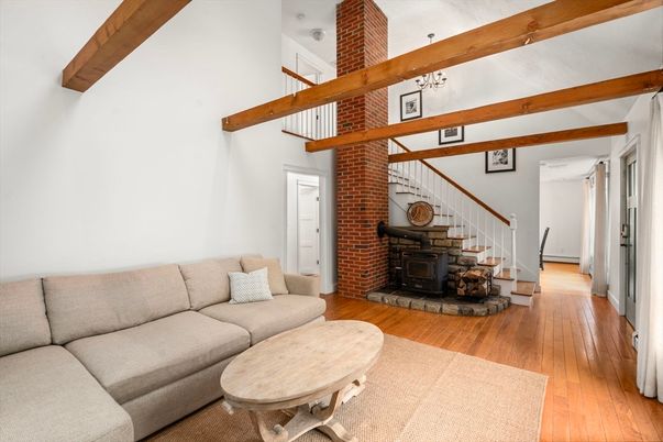 Fireplace, Interior, Living room, Stone Walls, Wooden Beams, Wood Texture Flooring