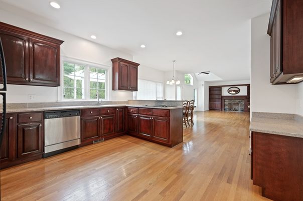 Chandelier, Interior, Kitchen, Pendant Lights, Recessed Lighting, Stainless Steel Appliances, Wood Texture Flooring
