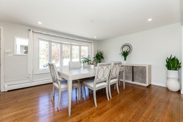 Dining room, Interior, Recessed Lighting, Wood Texture Flooring