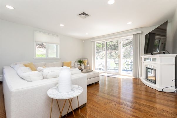 Fireplace, Interior, Living room, Recessed Lighting, Wood Texture Flooring