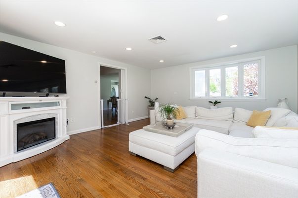 Fireplace, Interior, Living room, Recessed Lighting, Wood Texture Flooring