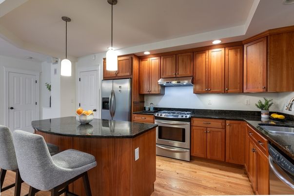 Interior, Kitchen, Pendant Lights, Recessed Lighting, Stainless Steel Appliances, Wood Texture Flooring