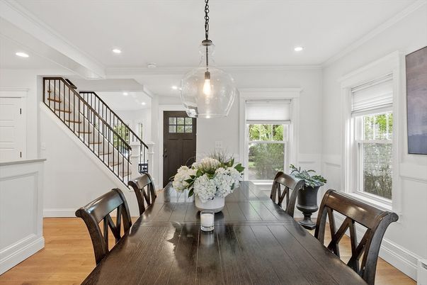 Dining room, Interior, Pendant Lights, Recessed Lighting, Wood Texture Flooring