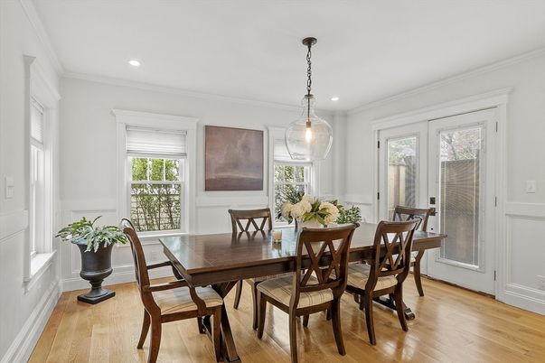 Dining room, Interior, Pendant Lights, Recessed Lighting, Wood Texture Flooring
