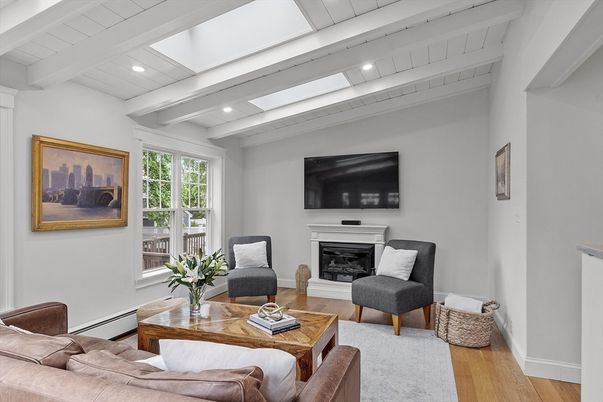 Fireplace, Interior, Living room, Recessed Lighting, Wood Texture Flooring