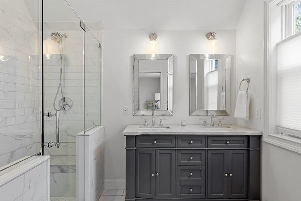 Bathroom, Dual Sink Vanities, Glass Shower, Interior, Marble, Marble Walls