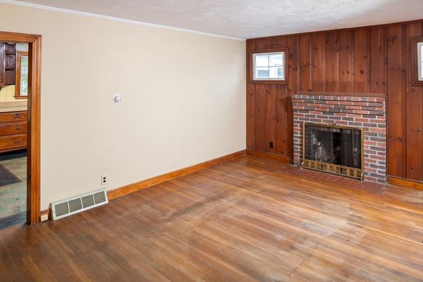 Empty room, Fireplace, Interior, Wood Texture Flooring, Wooden Walls