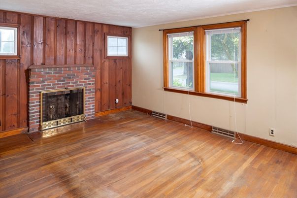 Empty room, Fireplace, Interior, Wood Texture Flooring, Wooden Walls