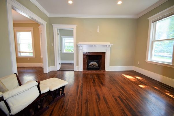 Empty room, Fireplace, Interior, Recessed Lighting, Wood Texture Flooring