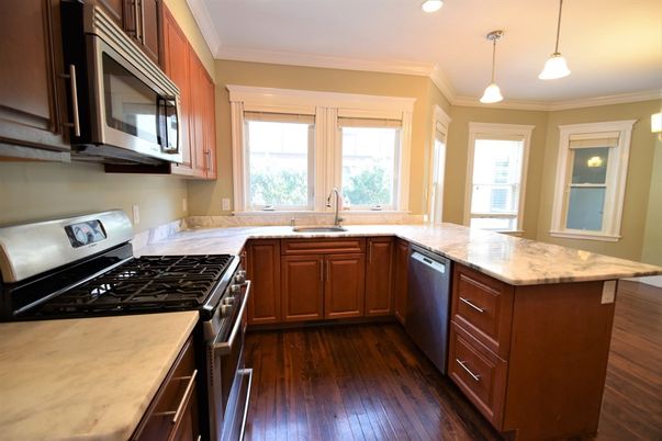Interior, Kitchen, Pendant Lights, Recessed Lighting, Stainless Steel Appliances, Wood Texture Flooring