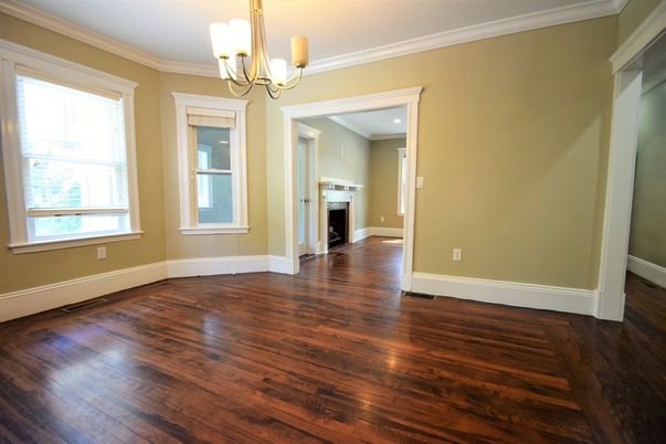 Chandelier, Empty room, Fireplace, Interior, Recessed Lighting, Wood Texture Flooring