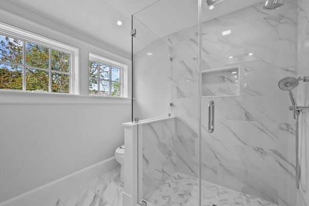 Bathroom, Glass Shower, Interior, Marble, Marble Walls, Recessed Lighting