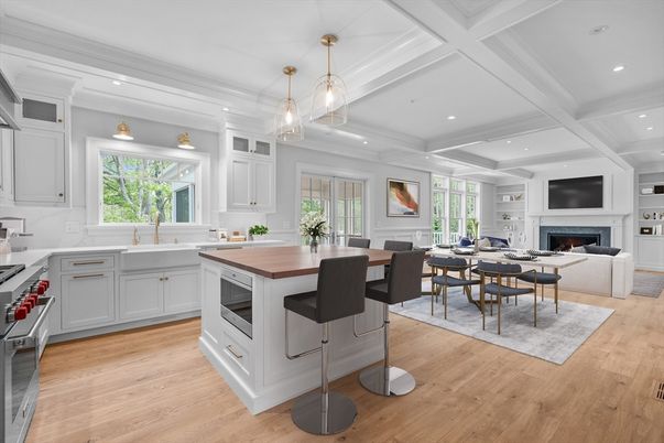 Dining room, Fireplace, Interior, Kitchen, Living room, Pendant Lights, Recessed Lighting, Wood Texture Flooring