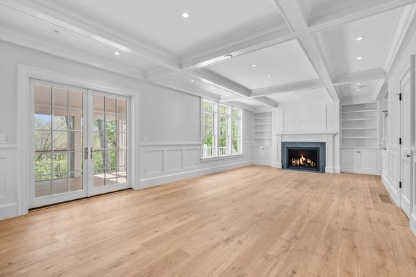 Empty room, Fireplace, Interior, Recessed Lighting, Wood Texture Flooring