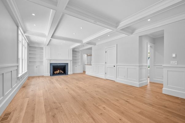 Empty room, Fireplace, Interior, Recessed Lighting, Wood Texture Flooring