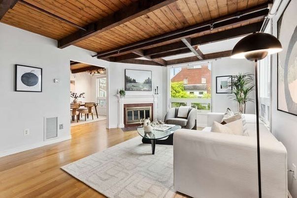 Fireplace, Interior, Kitchen, Living room, Stainless Steel Appliances, Wooden Beams, Wooden Ceilings, Wood Texture Flooring