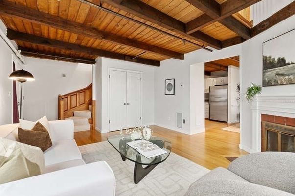 Fireplace, Interior, Kitchen, Living room, Stainless Steel Appliances, Wooden Beams, Wooden Ceilings, Wood Texture Flooring