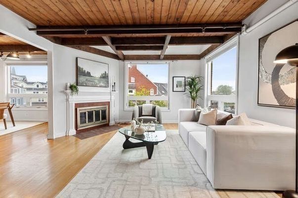 Dining room, Fireplace, Interior, Living room, Wooden Beams, Wooden Ceilings, Wood Texture Flooring