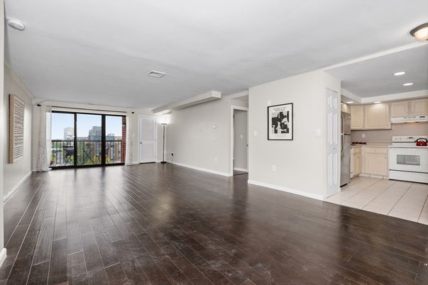 Empty room, Interior, Kitchen, Recessed Lighting, Wood Texture Flooring