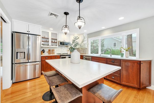 Interior, Kitchen, Pendant Lights, Recessed Lighting, Stainless Steel Appliances, Wood Texture Flooring