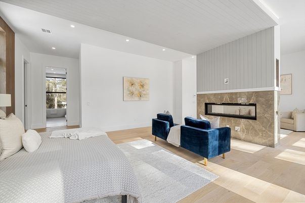 Bedroom, Fireplace, Interior, Recessed Lighting, Wood Texture Flooring