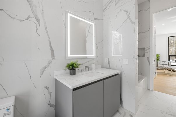 Bathroom, Interior, Marble, Marble Walls, Recessed Lighting, Wood Texture Flooring