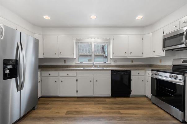 Interior, Kitchen, Recessed Lighting, Stainless Steel Appliances, Wood Texture Flooring