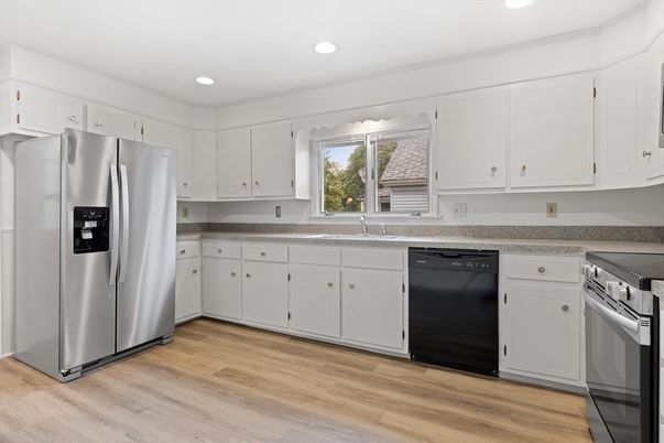 Interior, Kitchen, Recessed Lighting, Stainless Steel Appliances, Wood Texture Flooring
