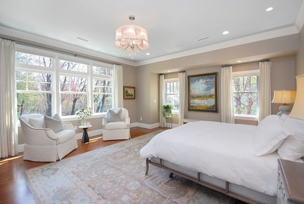 Bedroom, Chandelier, Interior, Recessed Lighting, Wood Texture Flooring