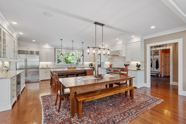 Dining room, Interior, Kitchen, Pendant Lights, Recessed Lighting, Stainless Steel Appliances, Wood Texture Flooring