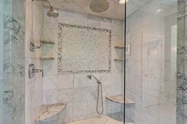 Bathroom, Glass Shower, Interior, Marble Walls, Recessed Lighting