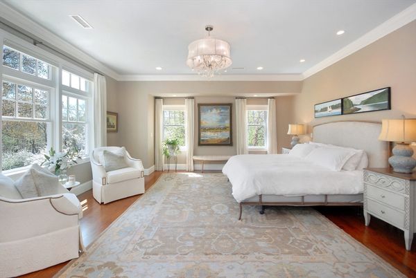 Bedroom, Chandelier, Interior, Recessed Lighting, Wood Texture Flooring