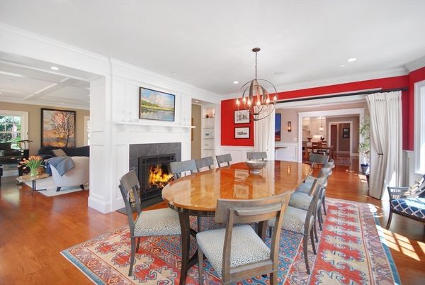 Chandelier, Dining room, Fireplace, Interior, Living room, Pendant Lights, Recessed Lighting, Wood Texture Flooring