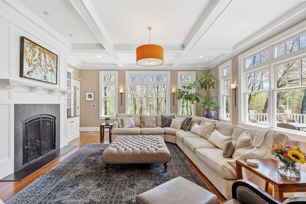 Fireplace, Interior, Living room, Recessed Lighting, Wood Texture Flooring