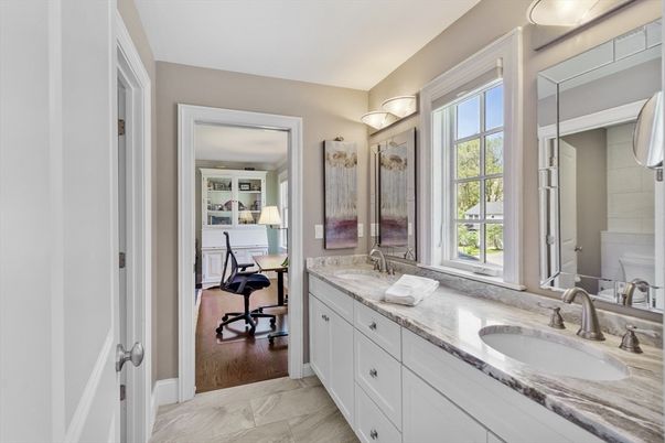 Bathroom, Dual Sink Vanities, Interior, Marble, Wood Texture Flooring
