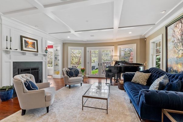 Fireplace, Interior, Living room, Piano, Recessed Lighting, Wood Texture Flooring