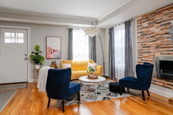Fireplace, Interior, Living room, Stone Walls, Wood Texture Flooring