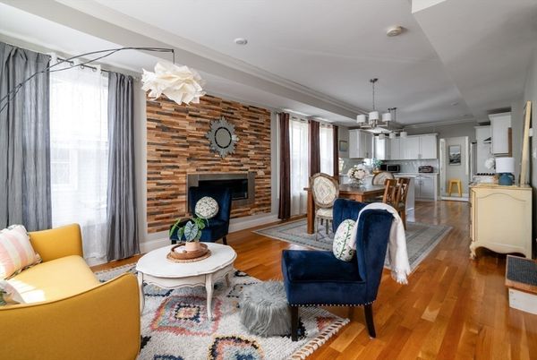Dining room, Fireplace, Interior, Kitchen, Pendant Lights, Stone Walls, Wood Texture Flooring