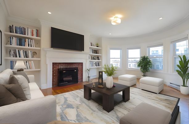 Fireplace, Interior, Living room, Recessed Lighting, Wood Texture Flooring